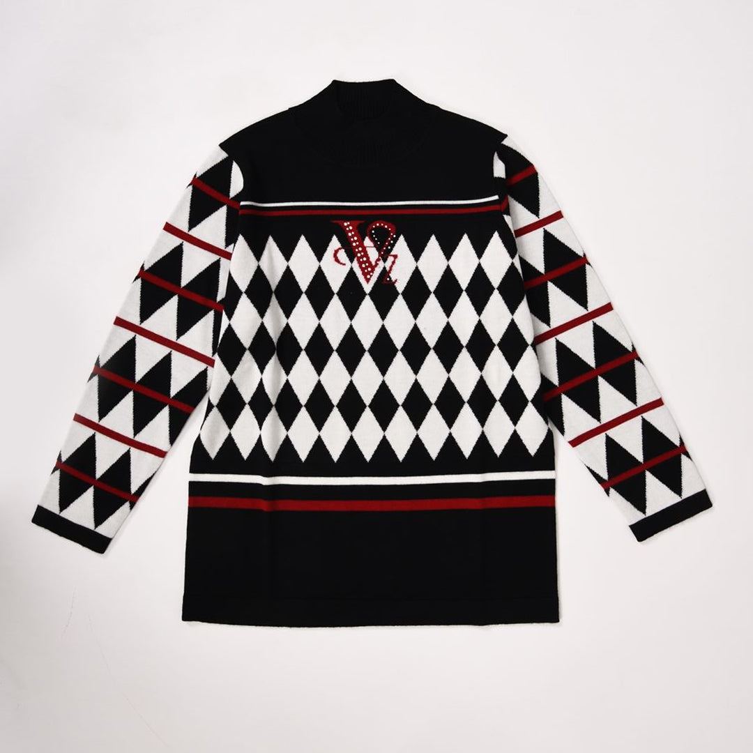 【Lサイズ】ダイヤチェック柄 ハイネックニット VALENZA 5543603