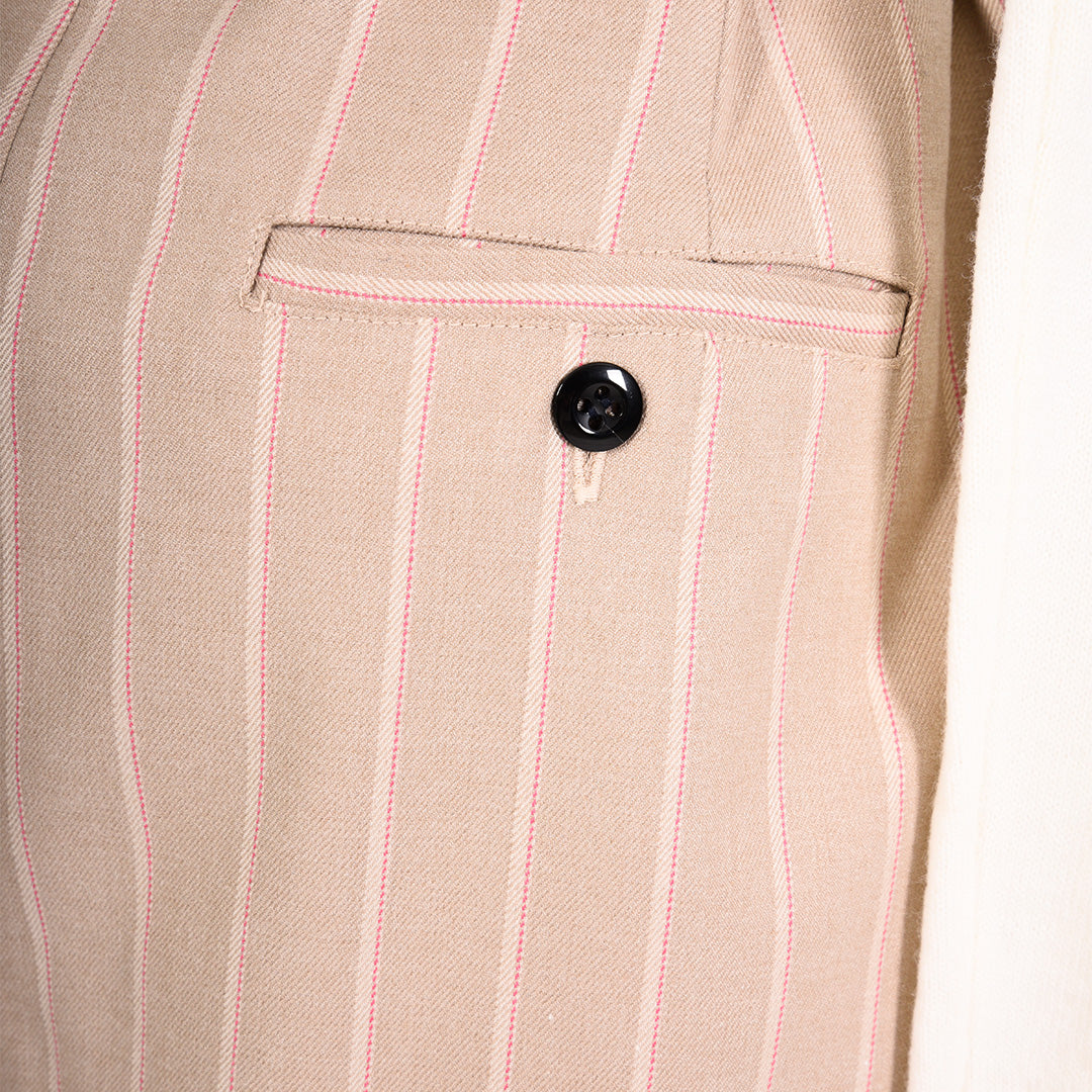 ストライプ ピンストライプ Vネック サロペット ワイドパンツ B DONNA ベージュ 蛍光ピンクのピンストライプ