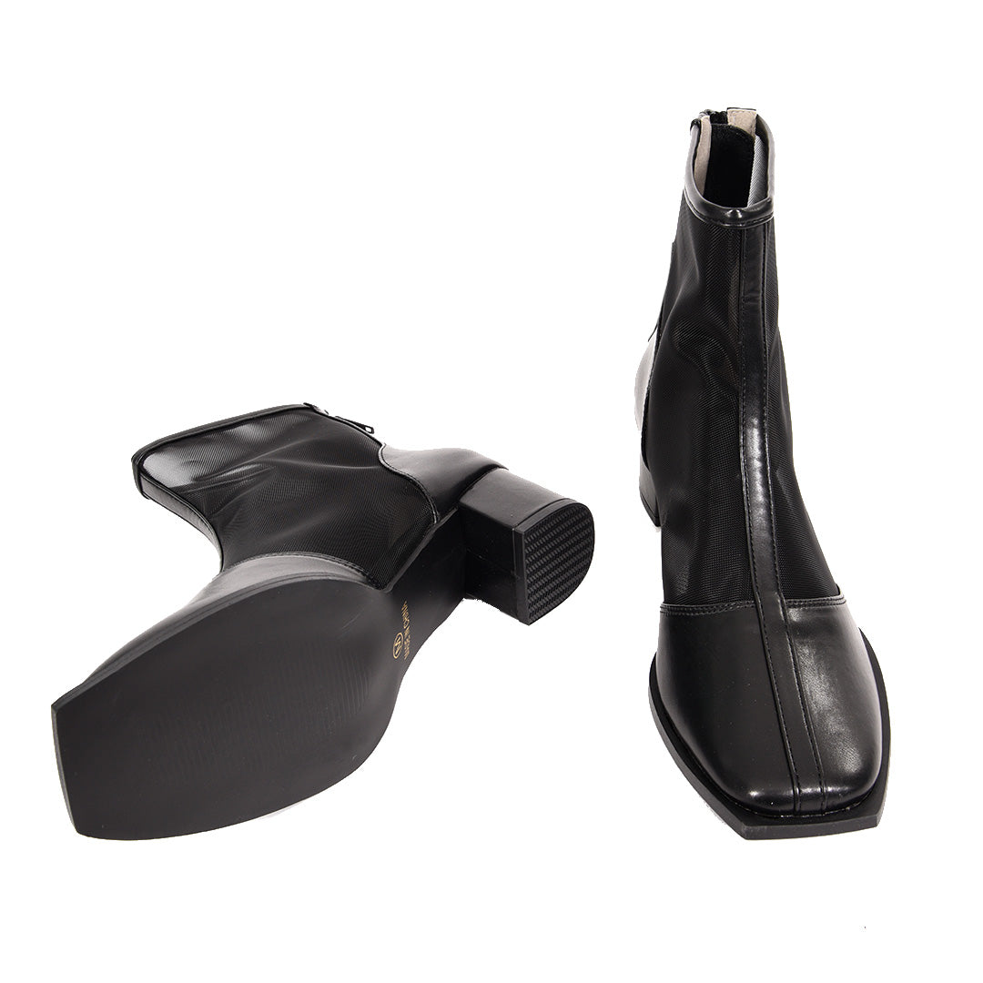 シアー メッシュ 合皮 ショートブーツ スクエアトゥ ヒール高5cm B DONNA ブラック