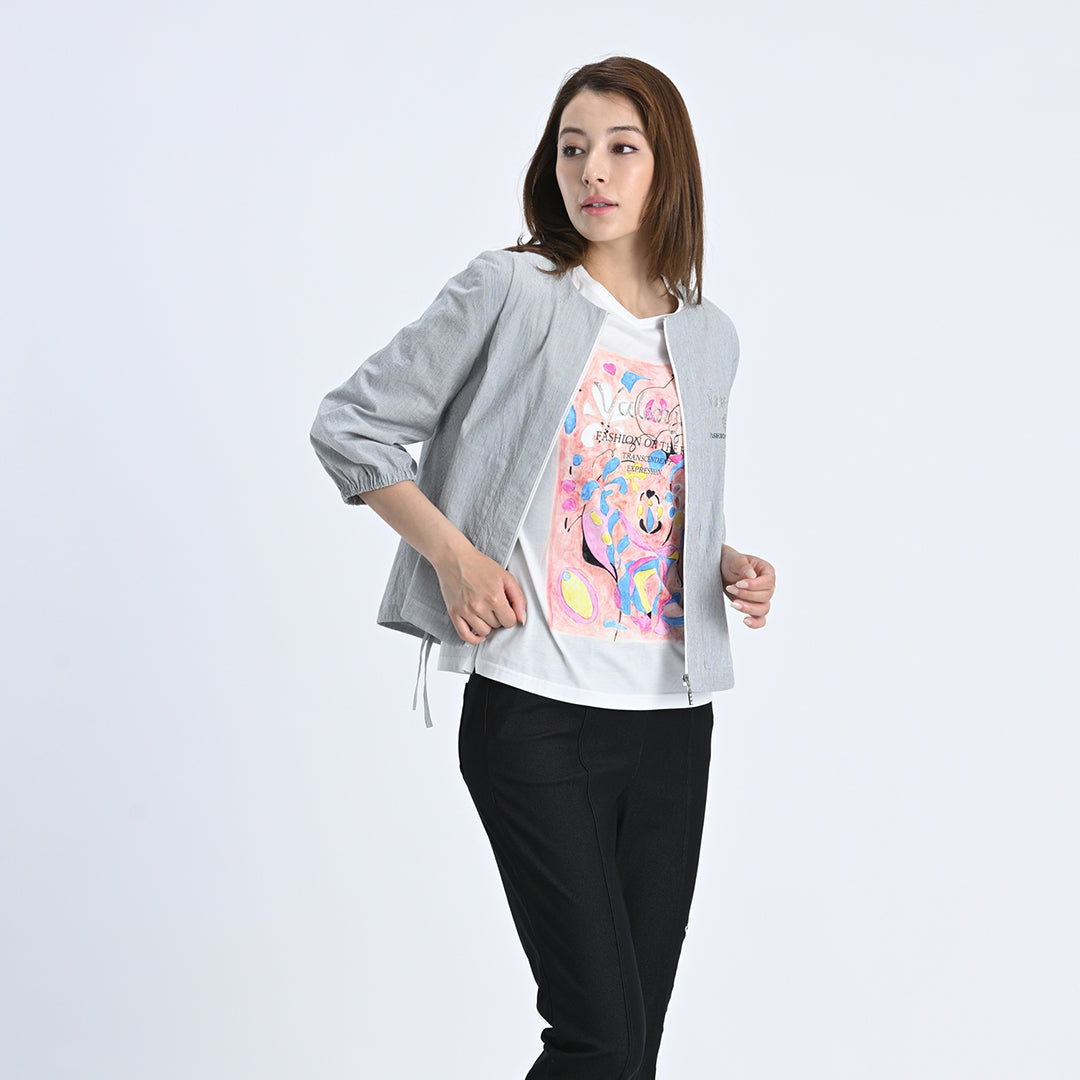 【七分袖】ヘアラインストライプ　ブルゾンジャケット　VALENZA　5157530