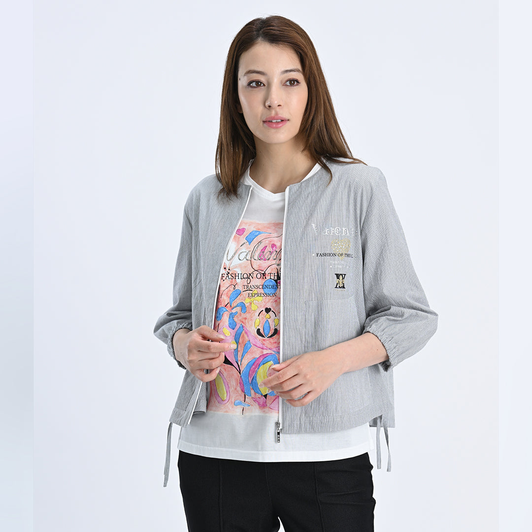 【七分袖】ヘアラインストライプ　ブルゾンジャケット　VALENZA　5157530