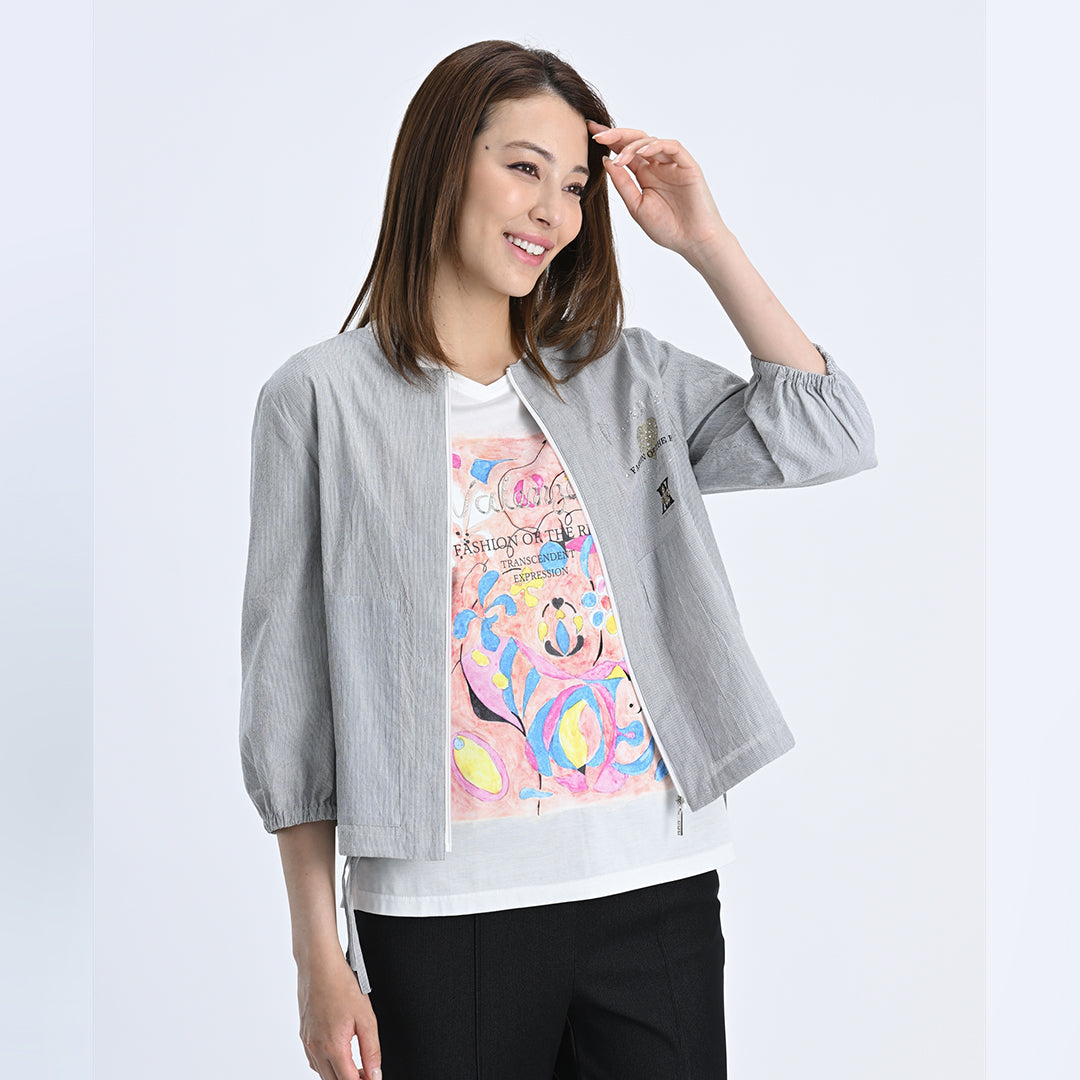 【七分袖】ヘアラインストライプ　ブルゾンジャケット　VALENZA　5157530