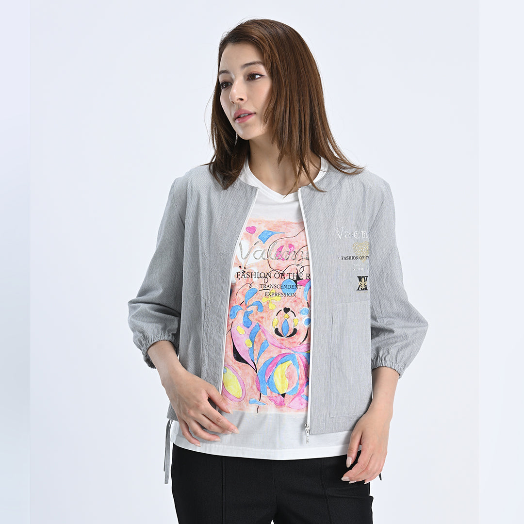 【七分袖】ヘアラインストライプ　ブルゾンジャケット　VALENZA　5157530