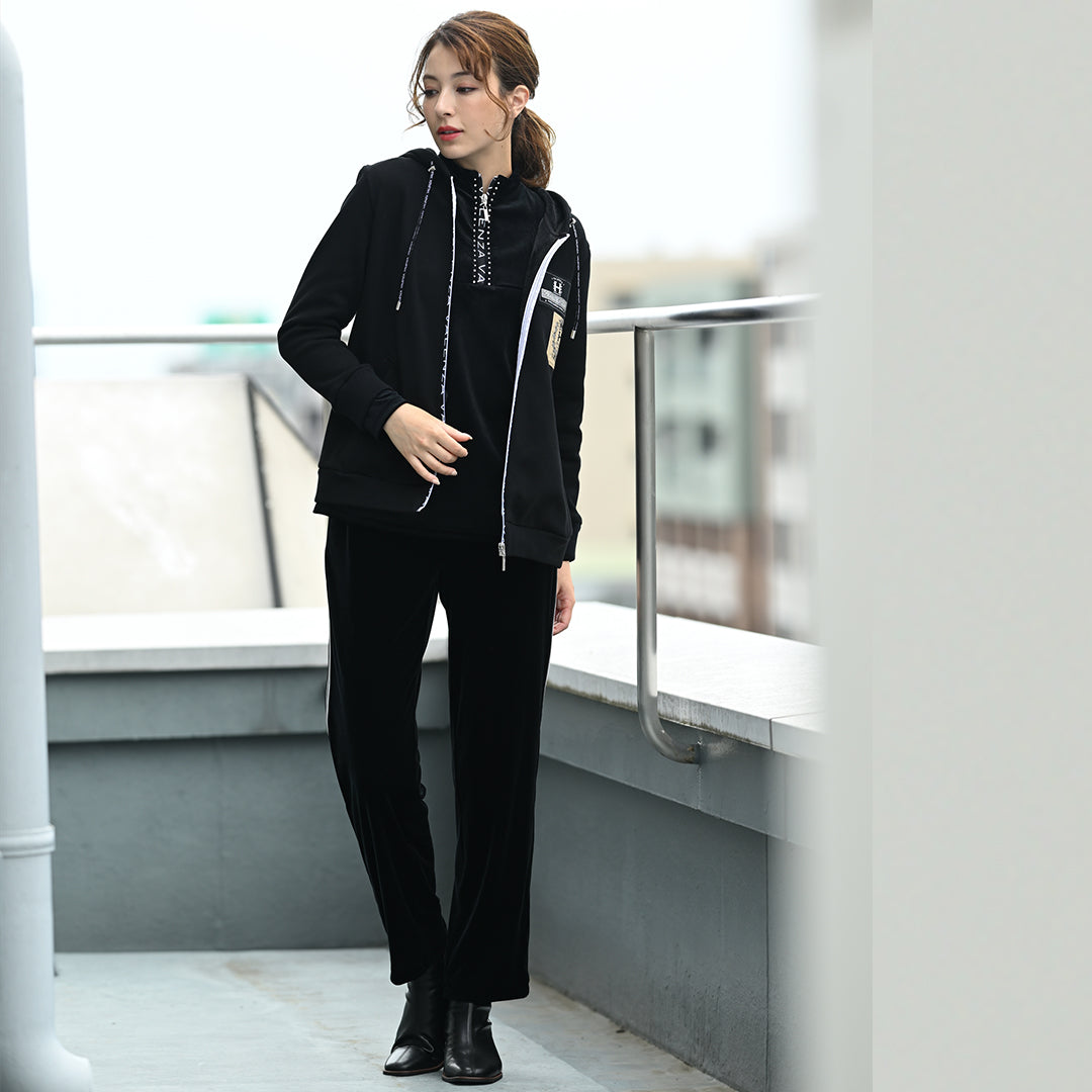 【上品な光沢】サイドライン ストレッチベロアパンツ　VALENZA home　5356300