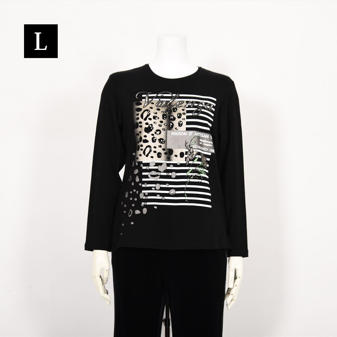 【Lサイズ】ヒョウ柄×ボーダー　プリントカットソー　VALENZA　5552607