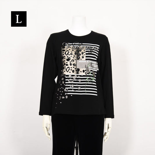 【Lサイズ】ヒョウ柄×ボーダー　プリントカットソー　VALENZA　5552607