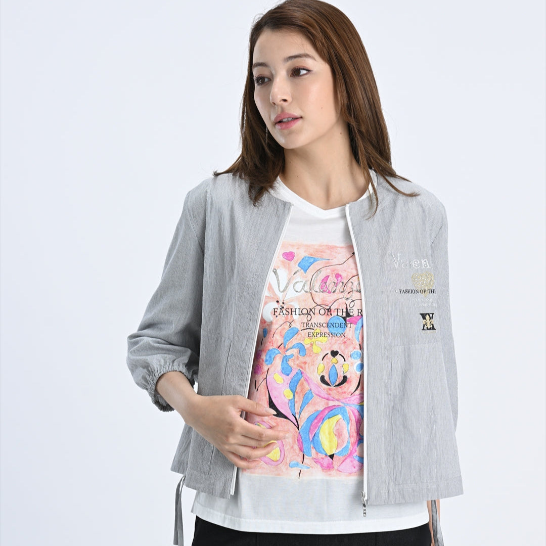 【七分袖】ヘアラインストライプ　ブルゾンジャケット　VALENZA　5157530