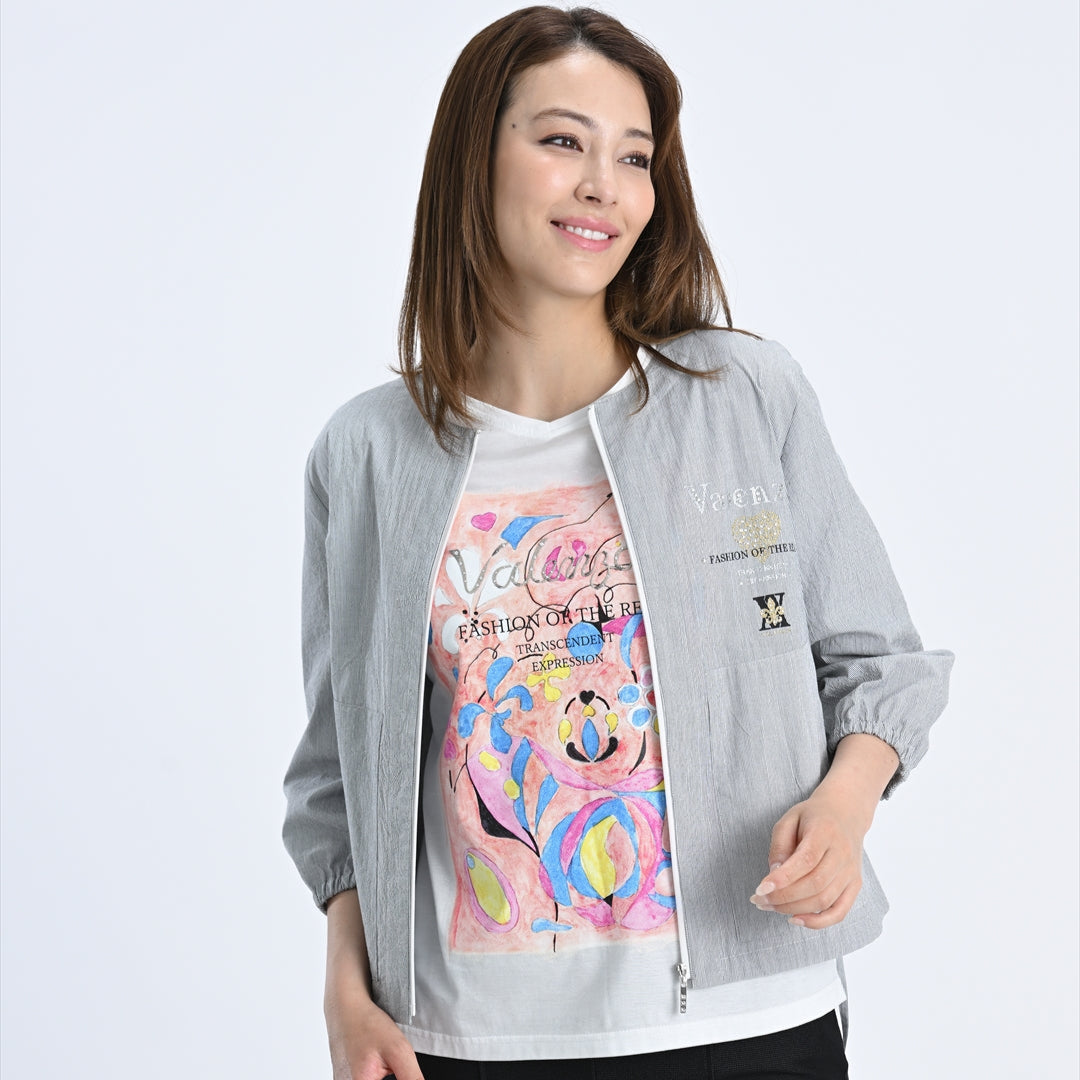 【七分袖】ヘアラインストライプ　ブルゾンジャケット　VALENZA　5157530