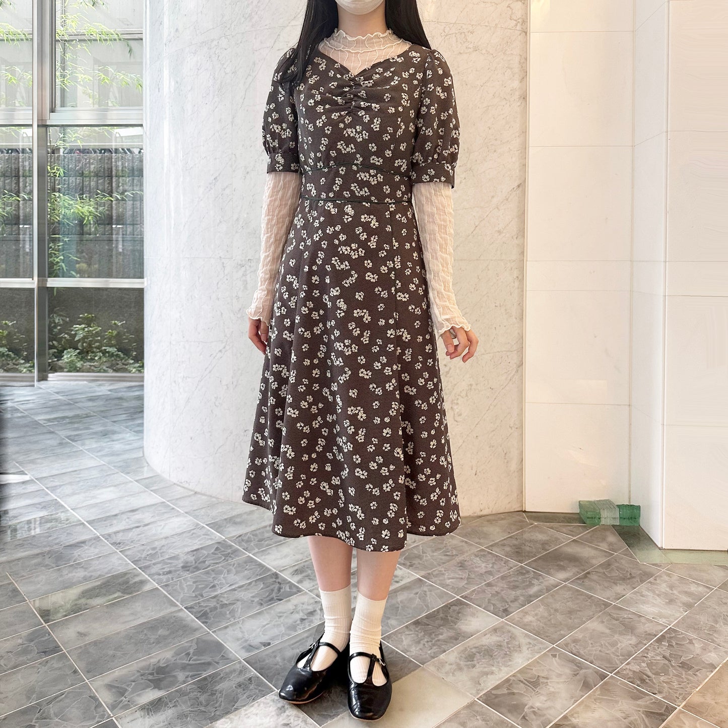 Check Flower Print Heart Neck Gather Dress Dear Princess