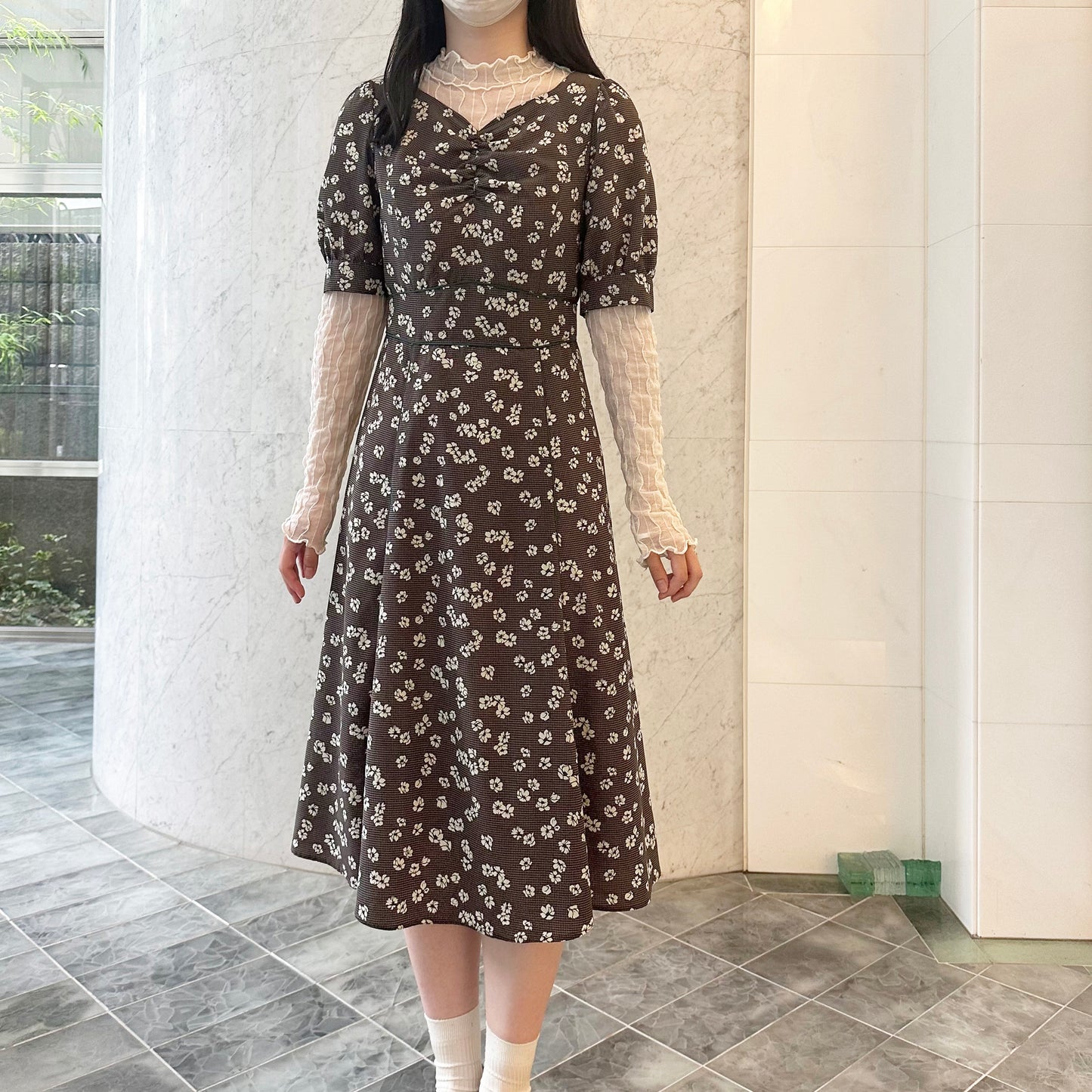 Check Flower Print Heart Neck Gather Dress Dear Princess