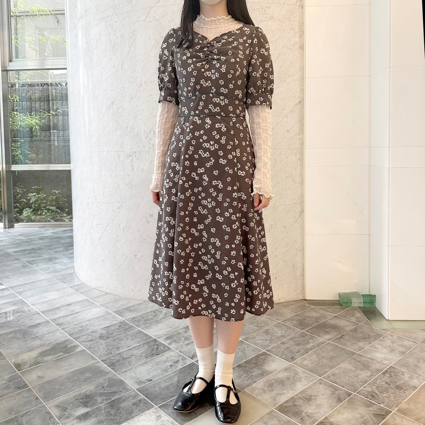 Check Flower Print Heart Neck Gather Dress Dear Princess