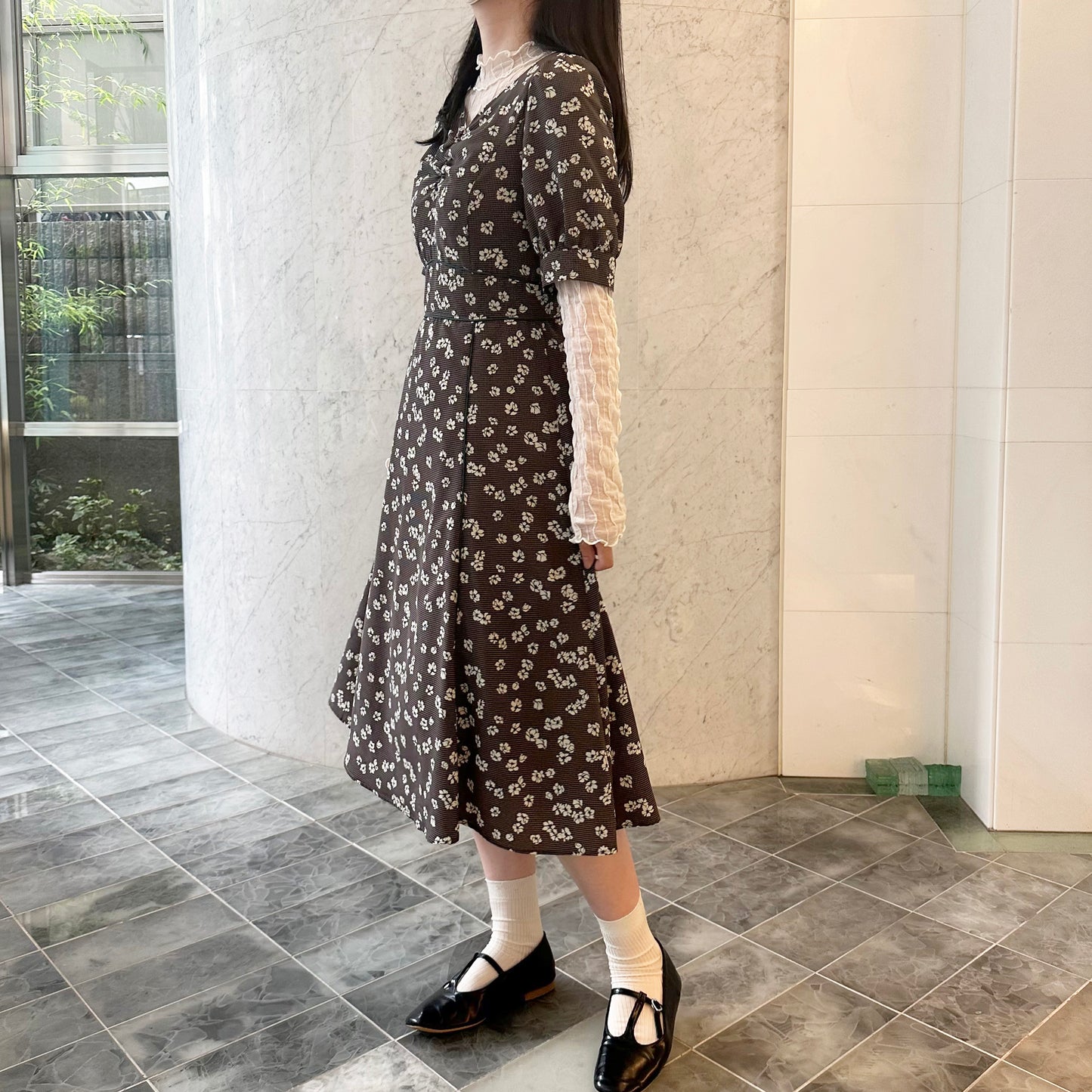 Check Flower Print Heart Neck Gather Dress Dear Princess