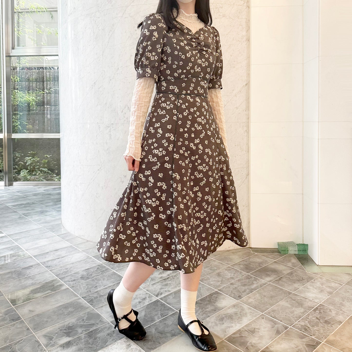 Check Flower Print Heart Neck Gather Dress Dear Princess