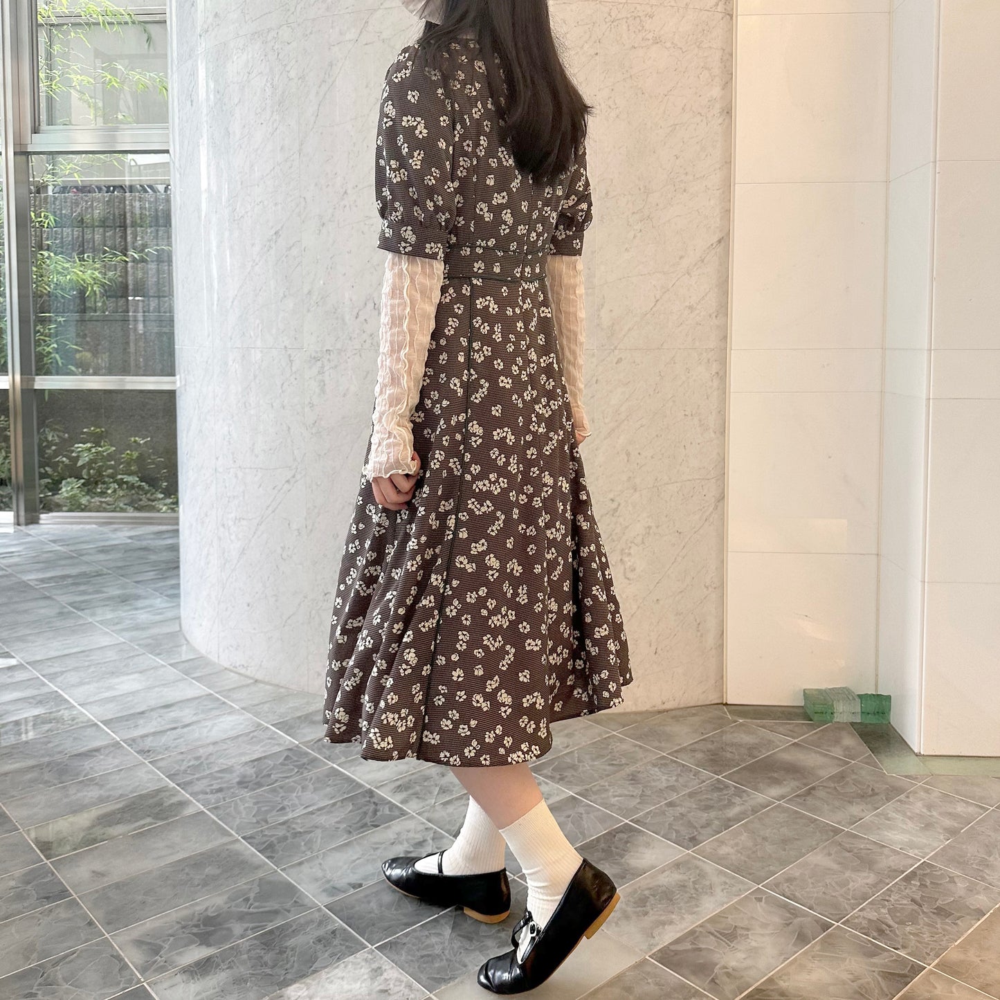 Check Flower Print Heart Neck Gather Dress Dear Princess