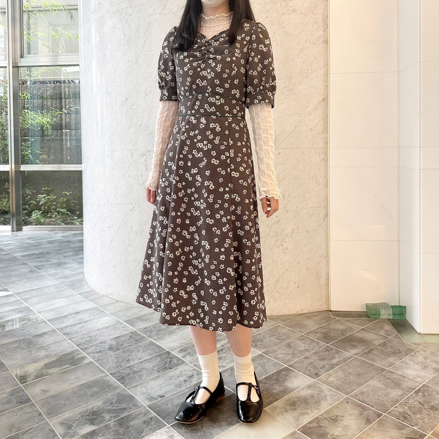 Check Flower Print Heart Neck Gather Dress Dear Princess