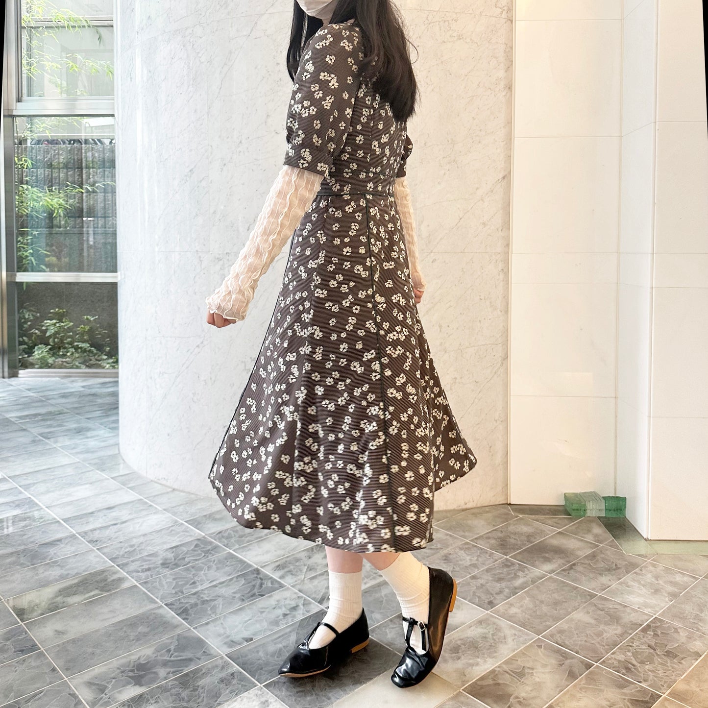 Check Flower Print Heart Neck Gather Dress Dear Princess