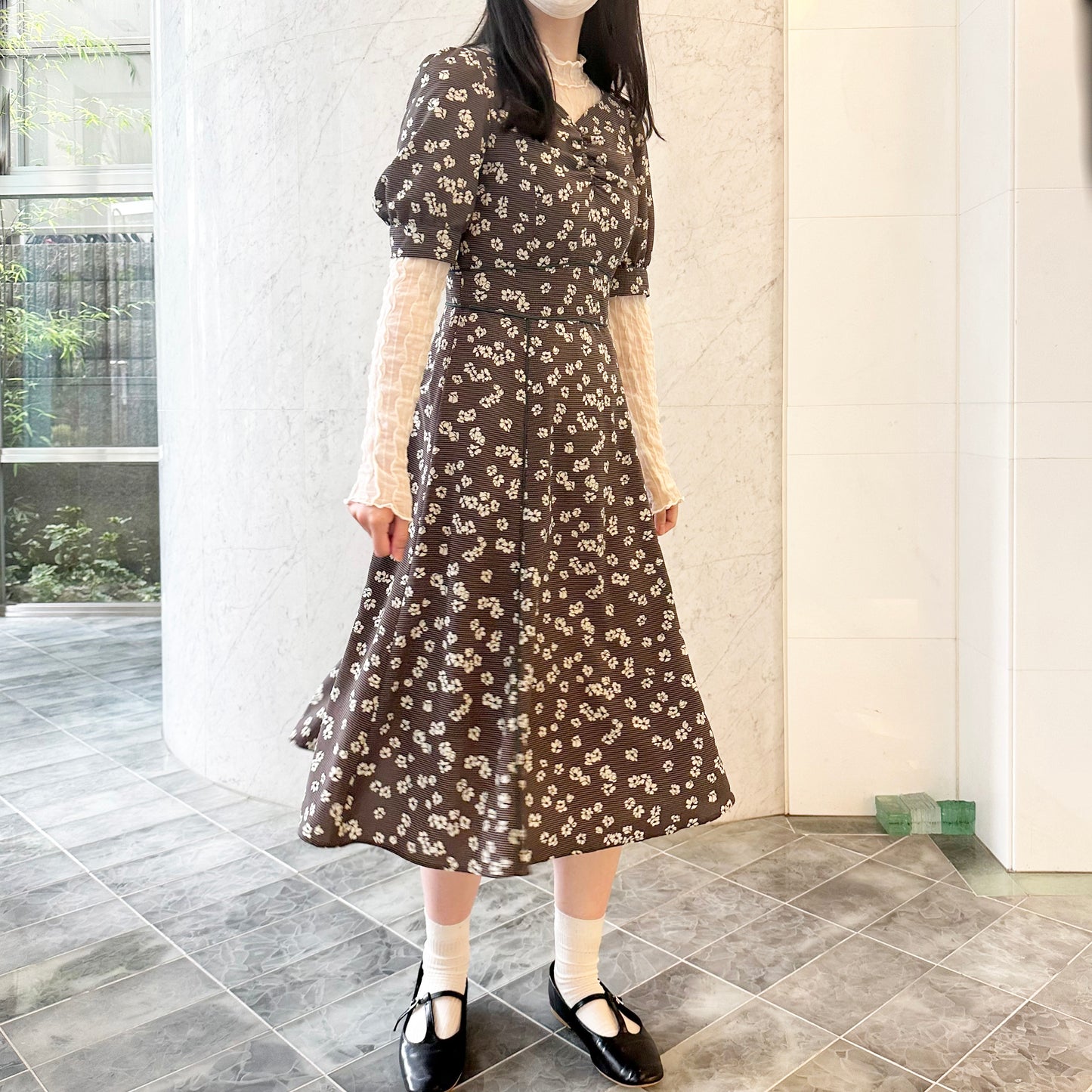 Check Flower Print Heart Neck Gather Dress Dear Princess