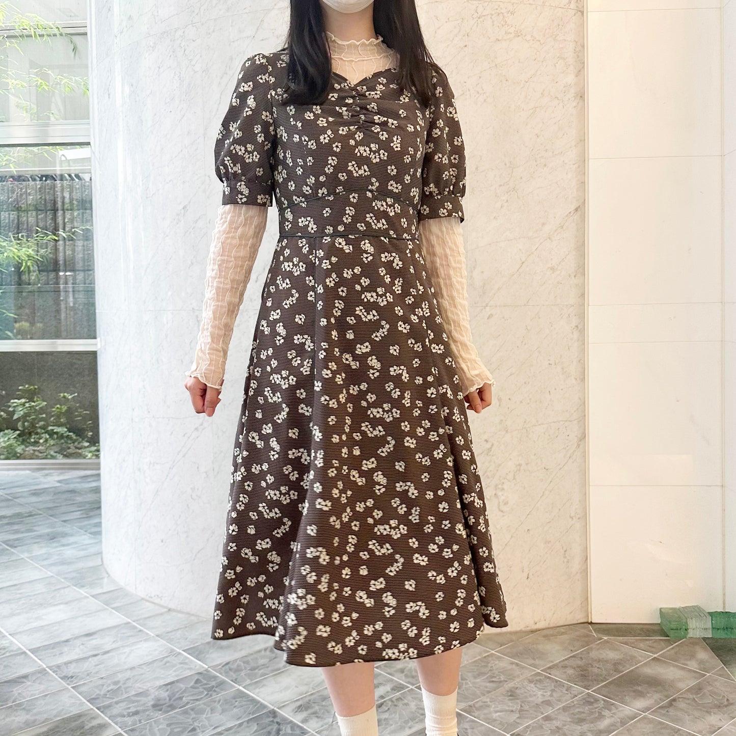 Check Flower Print Heart Neck Gather Dress Dear Princess