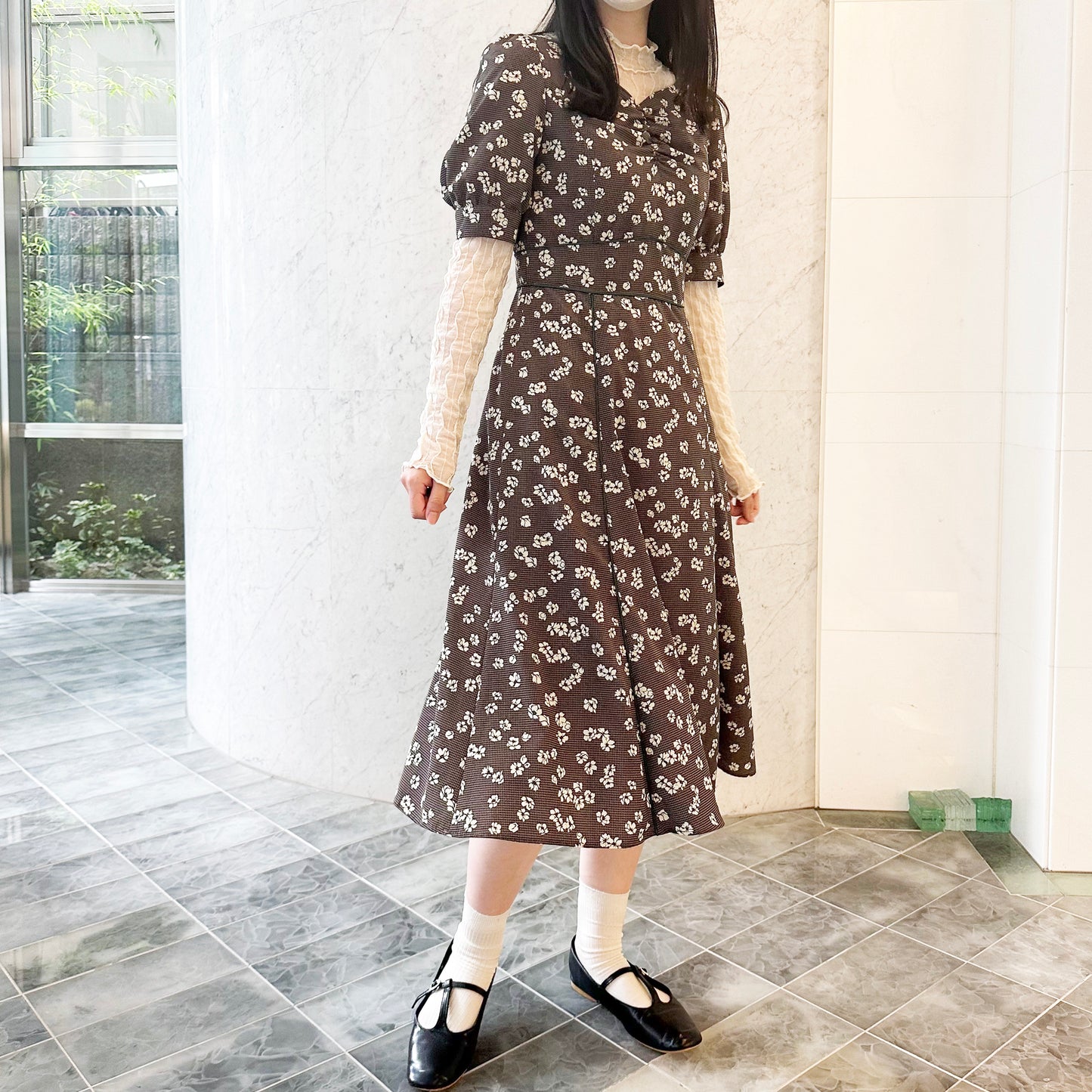 Check Flower Print Heart Neck Gather Dress Dear Princess