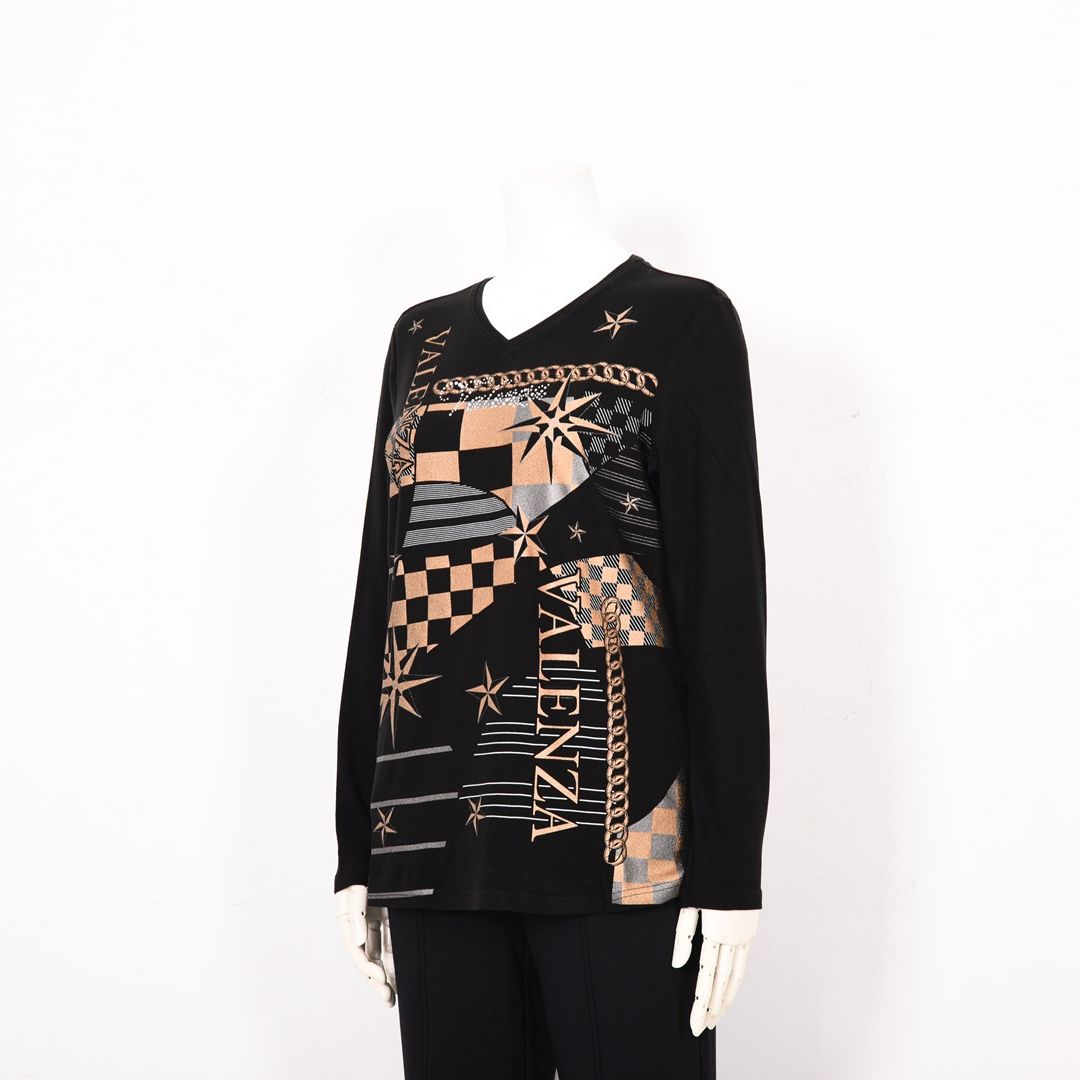 【吸湿発熱】サクラウォーム起毛ベア天 幾何学 Vネックカットソー　VALENZA　5152710