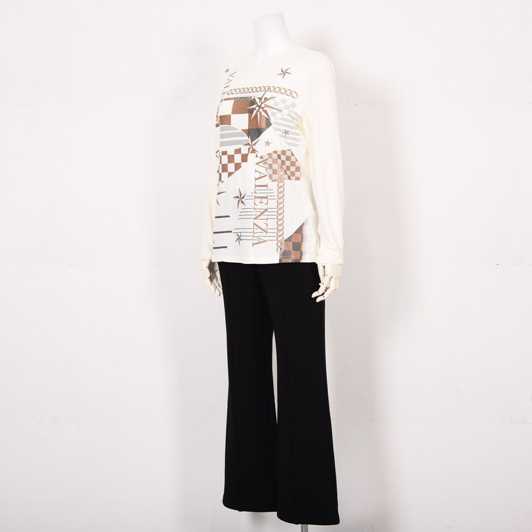 【吸湿発熱】サクラウォーム起毛ベア天 幾何学 Vネックカットソー　VALENZA　5152710