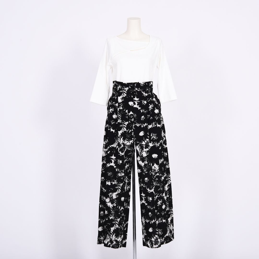 【綿100%】【シワ加工】花柄プリント　ワイドパンツ　B DONNA　6056110