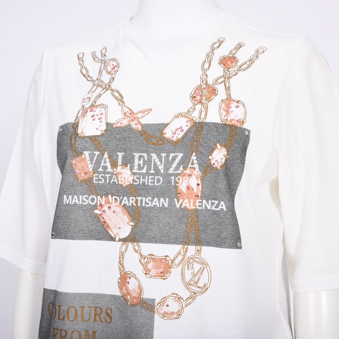 【綿100%】フロントモチーフ　5分袖カットソー　VALENZA　5162419