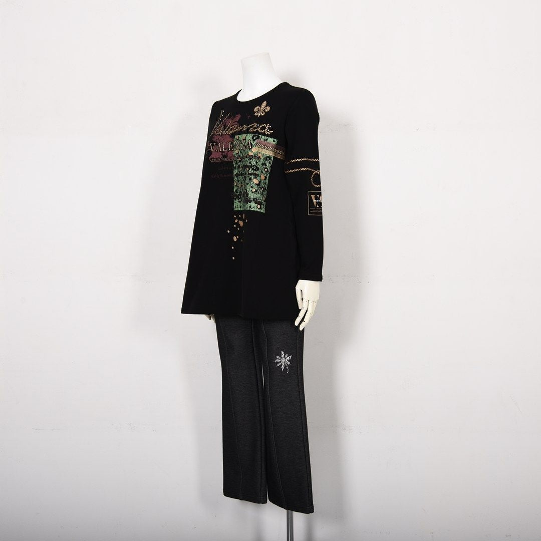 【Lサイズ】【保温】【吸湿発熱】箔プリント チュニック丈カットソー　VALENZA　5552707