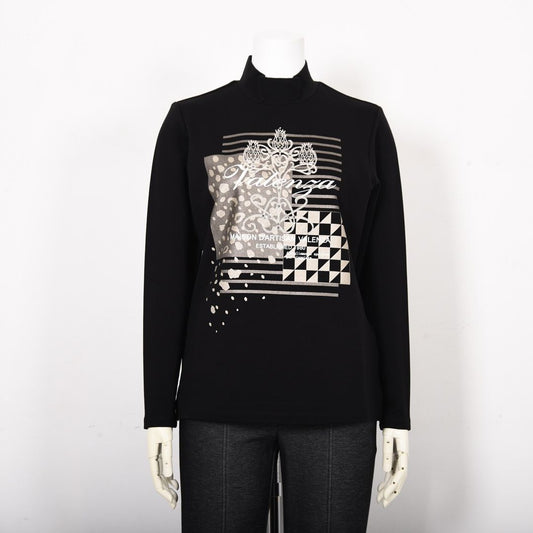 【Lサイズ】【ブラックダイヤ】プリント×コード刺繍 ハイネックカットソー　VALENZA　5552706