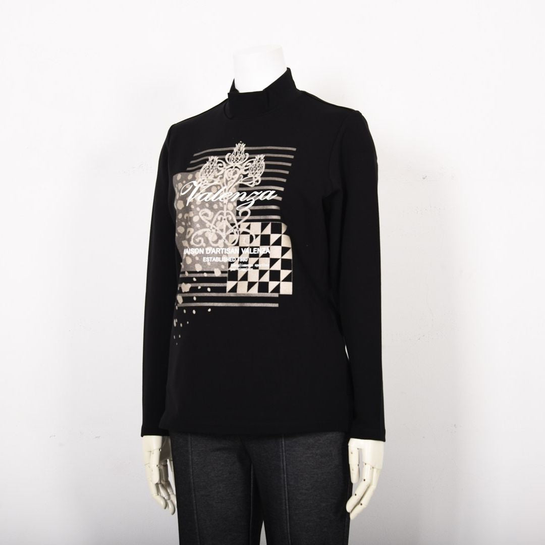 【Lサイズ】【ブラックダイヤ】プリント×コード刺繍 ハイネックカットソー　VALENZA　5552706