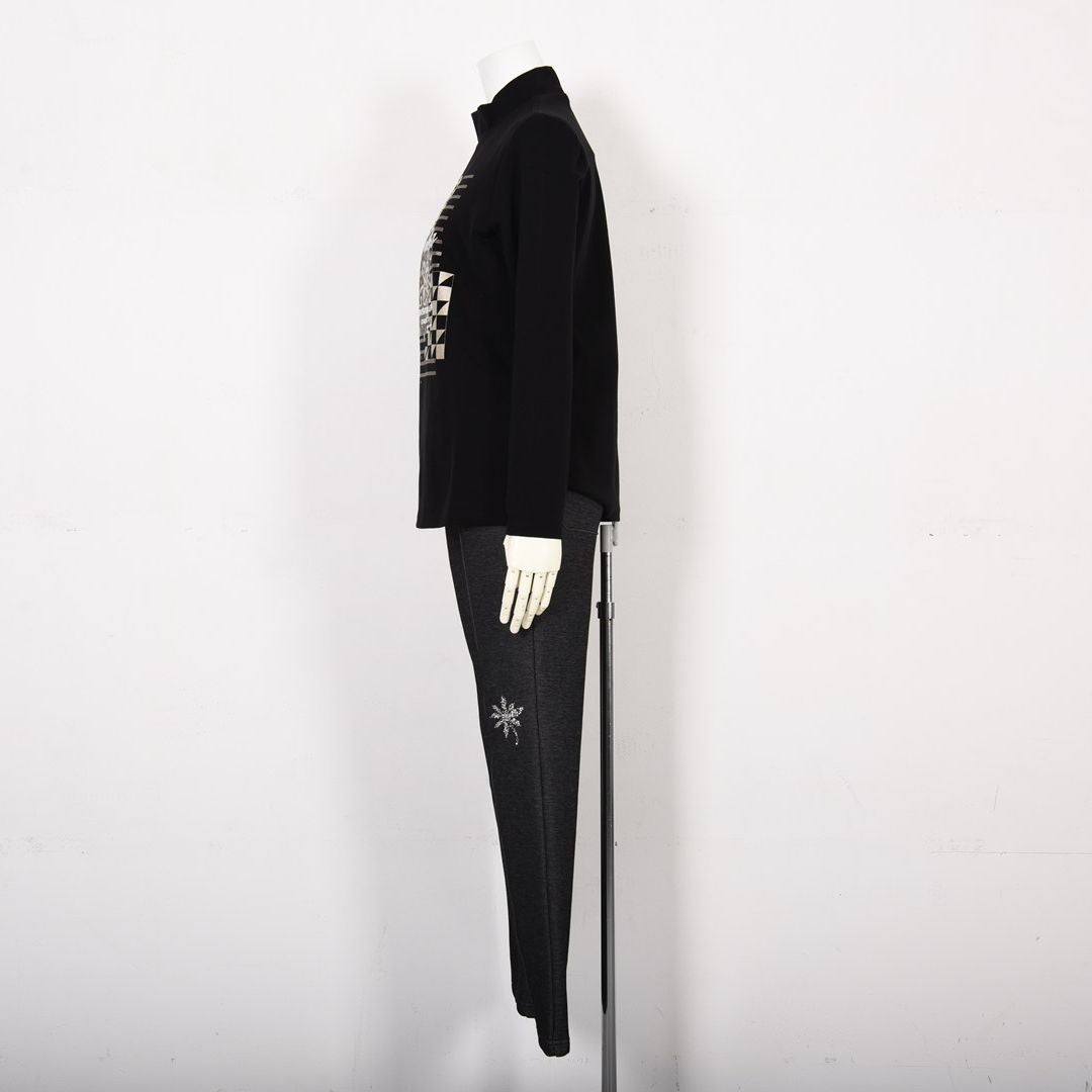 【Lサイズ】【ブラックダイヤ】プリント×コード刺繍 ハイネックカットソー　VALENZA　5552706