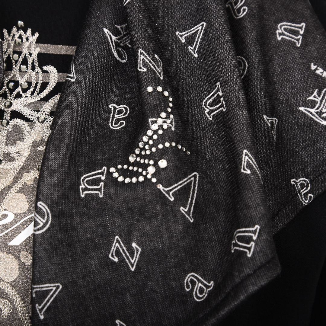 【Lサイズ】【ブラックダイヤ】プリント×コード刺繍 ハイネックカットソー　VALENZA　5552706