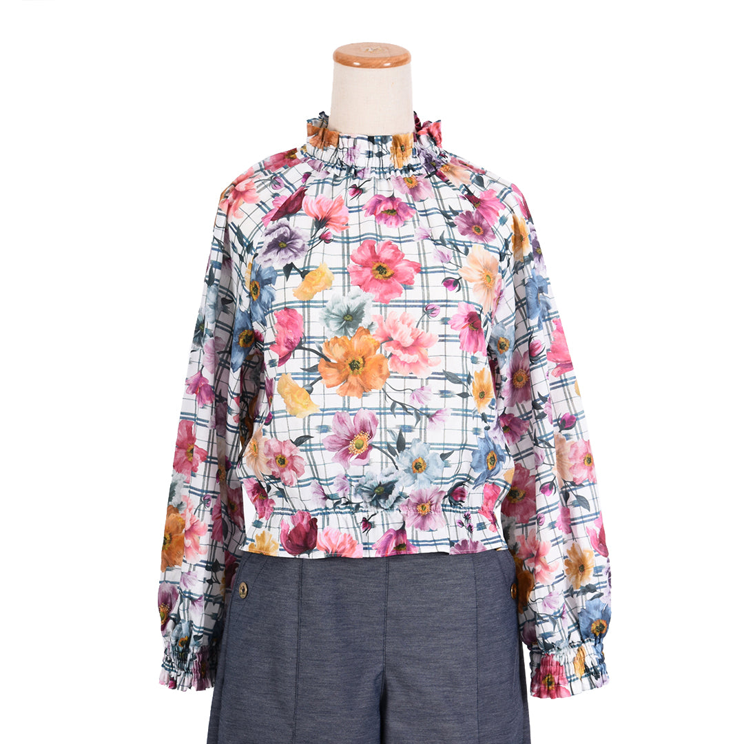 Floral Check Shirring 3/4 Sleeve Liberty Blouse