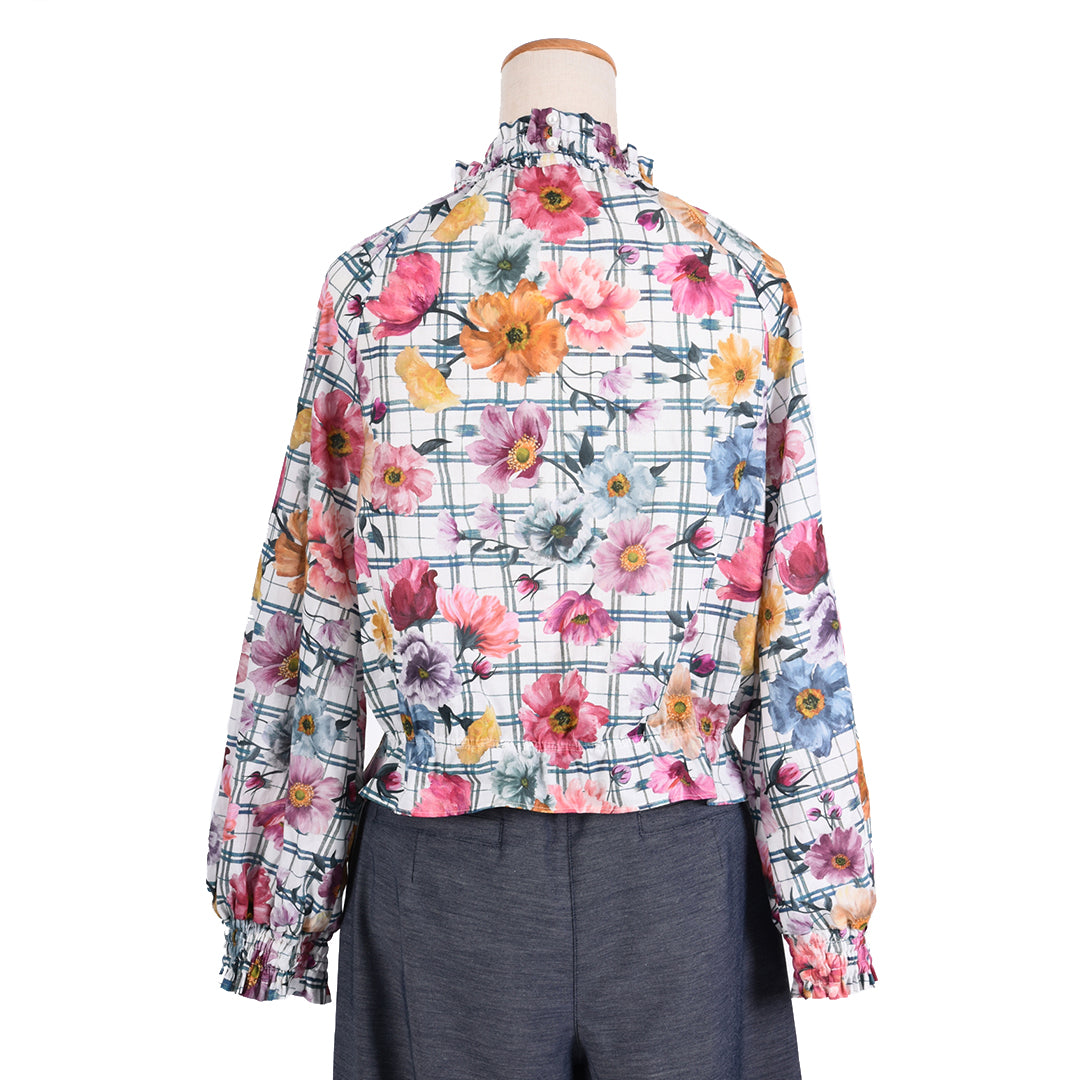 Floral Check Shirring 3/4 Sleeve Liberty Blouse