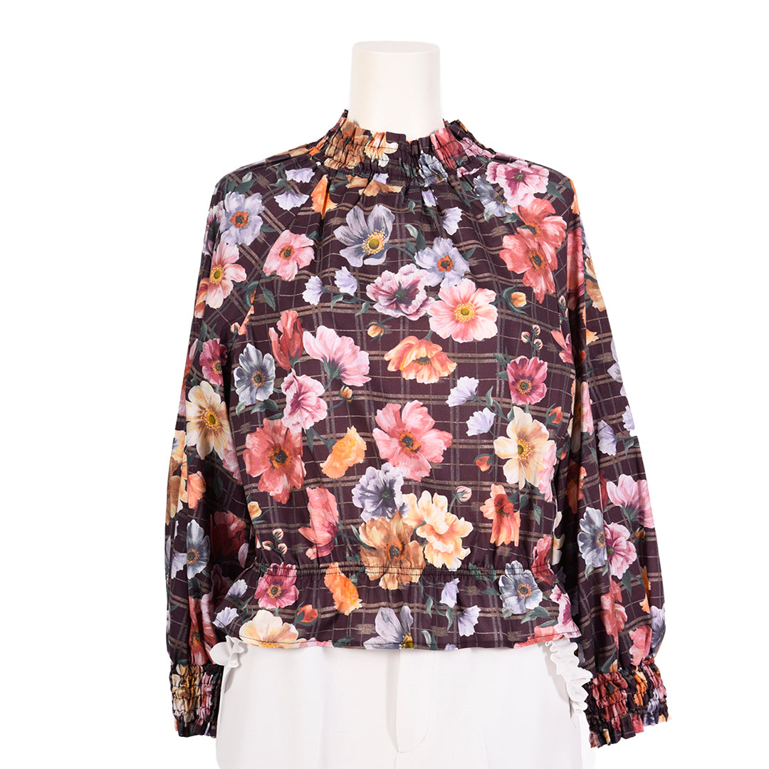 Floral Check Shirring 3/4 Sleeve Liberty Blouse