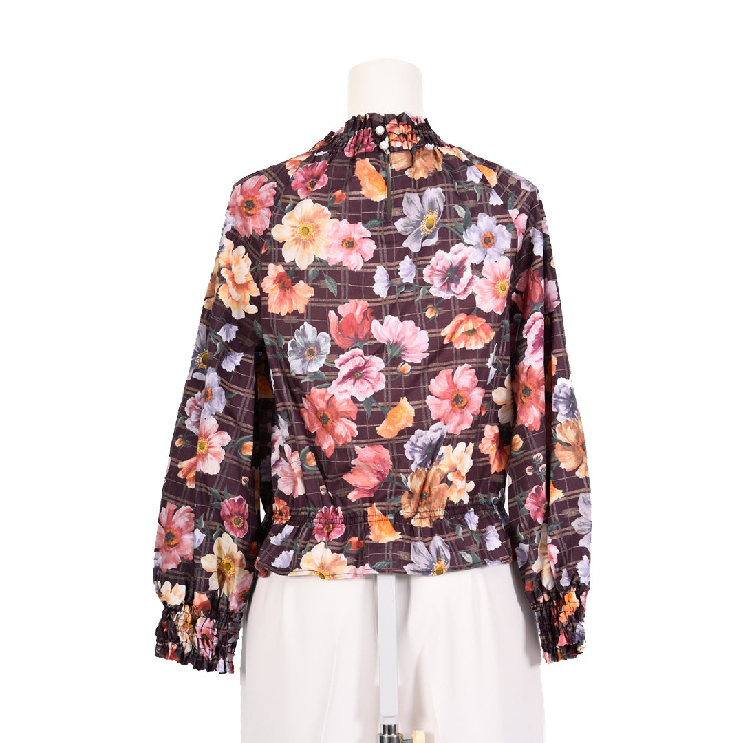 Floral Check Shirring 3/4 Sleeve Liberty Blouse